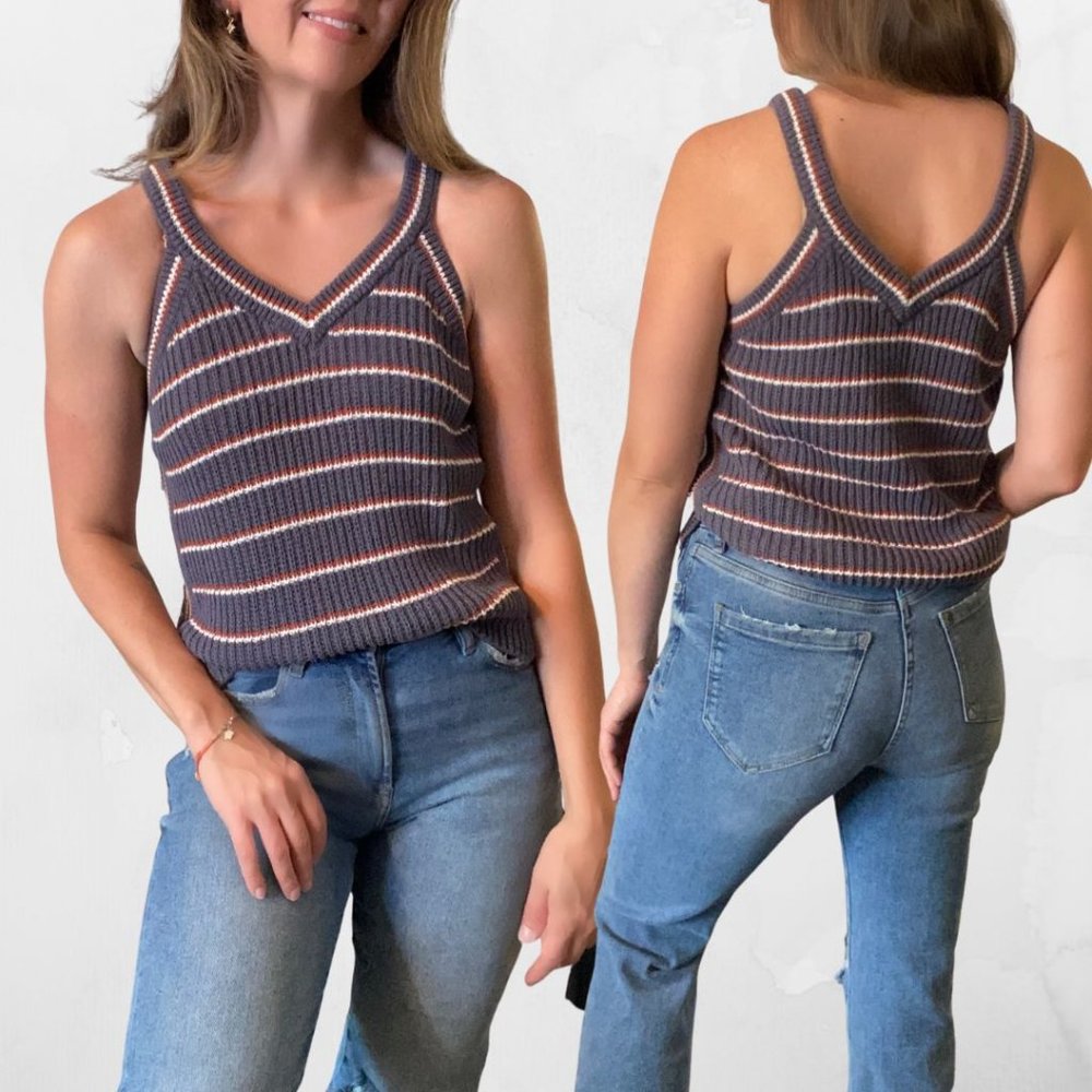 Madewell Sleeveless V Neck Knitted Striped Sweater Gray Size M